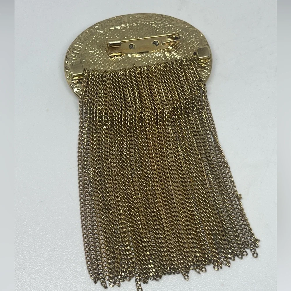 Art Deco Vintage Abalone and Brass Waterfall Jewelry Brooch w/ Gold Chain Fringe